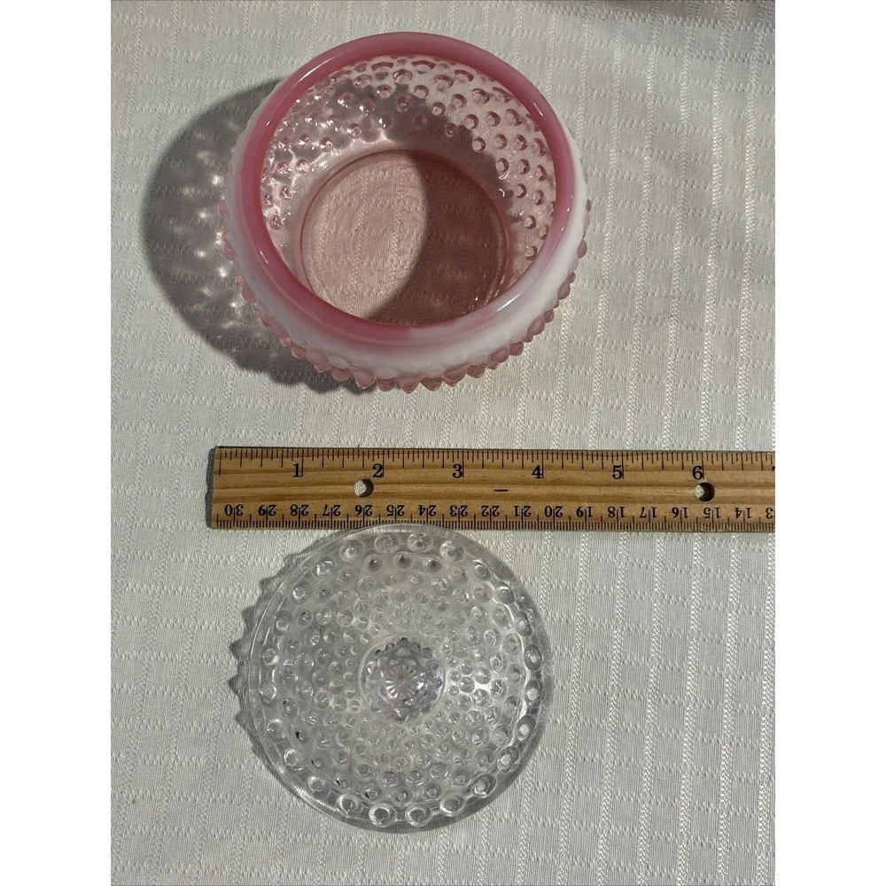 Vintage Fenton Opalescent Cranberry Hobnail Vanity Dresser Powder Box